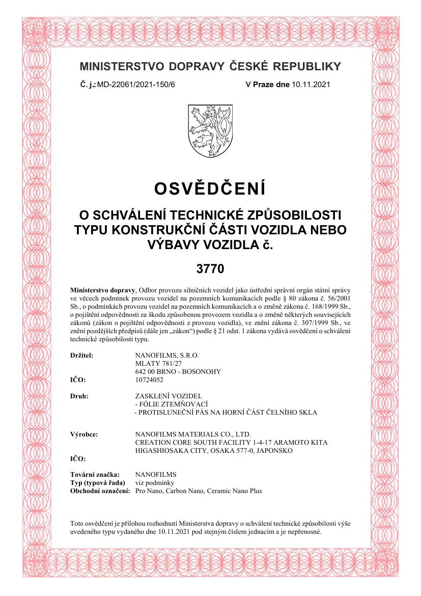 Naše firma má osvědčení vydané Ministerstvem dopravy